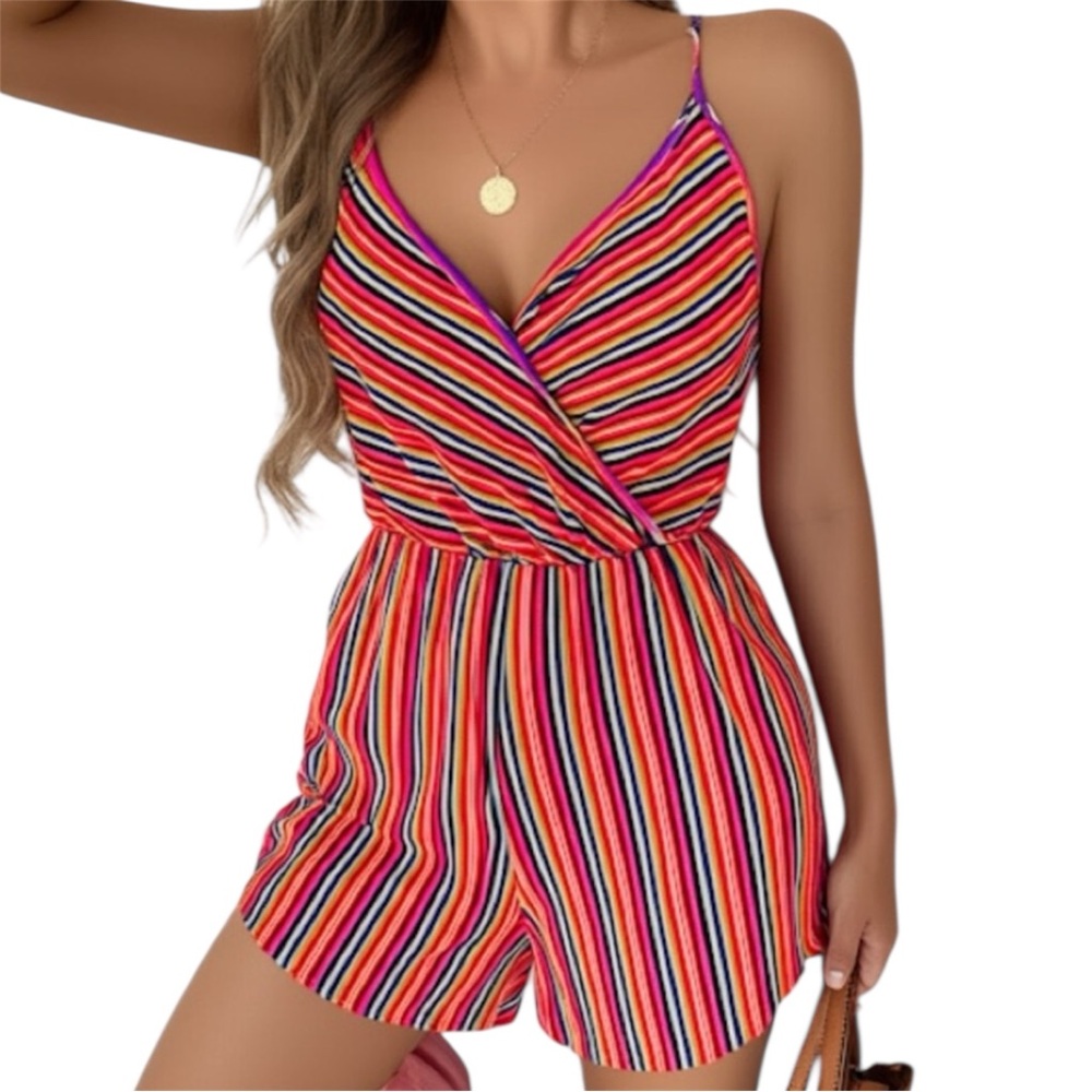 Boho Ginger G Striped Ribbed Wrap Style One Piece Romper With Shorts Size Large